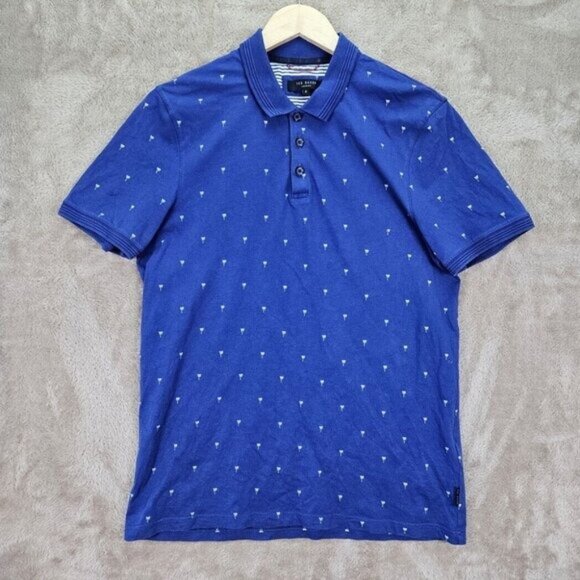 Ted Baker Golf Polo Shirt Blue All Over Print Cotton Short Sleeve Men's Size 3 - Picture 1 of 10